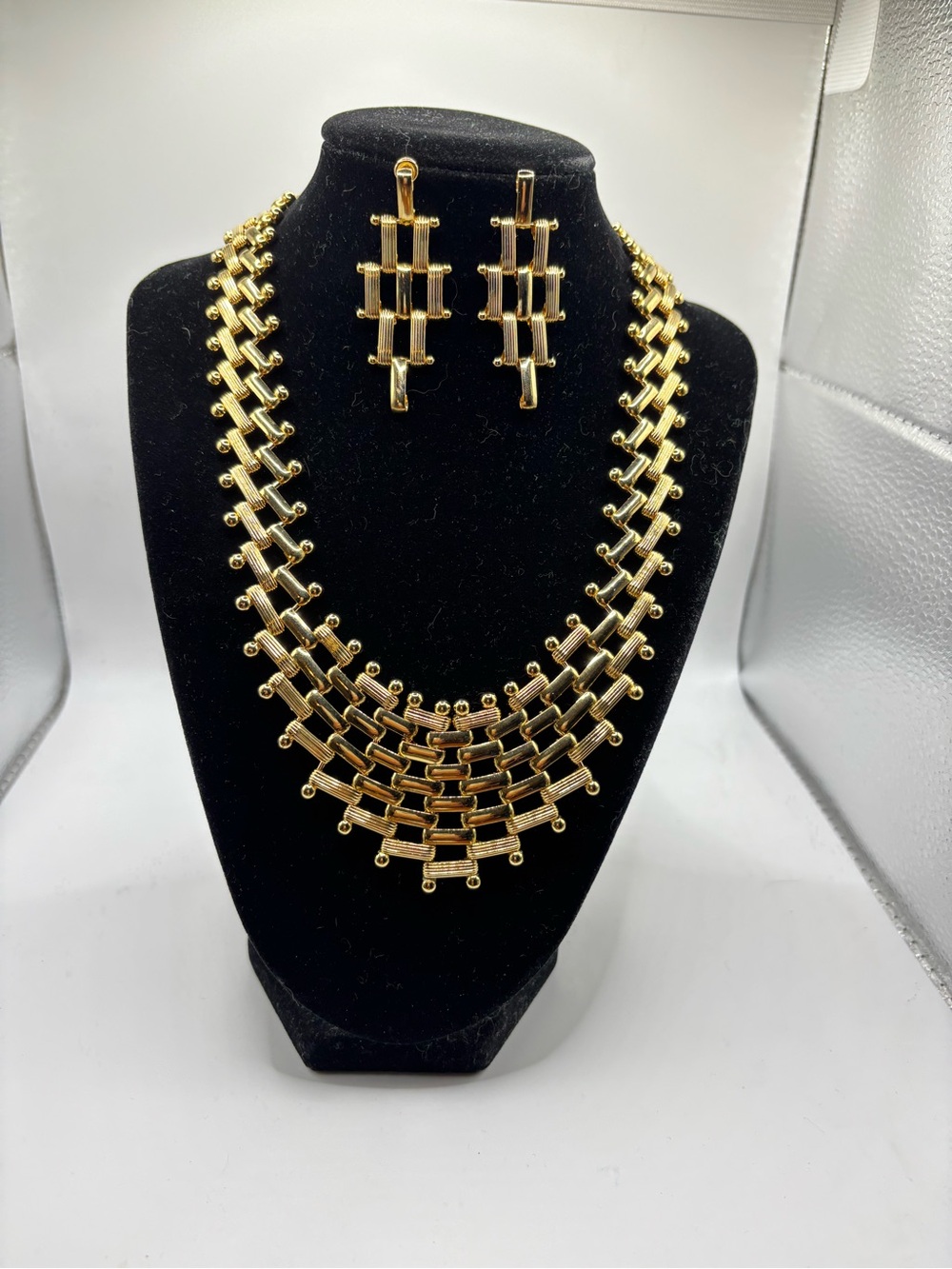 Gold Multi-Layer Statement Necklace & Earrings Set Art Deco Brutalist Modernist